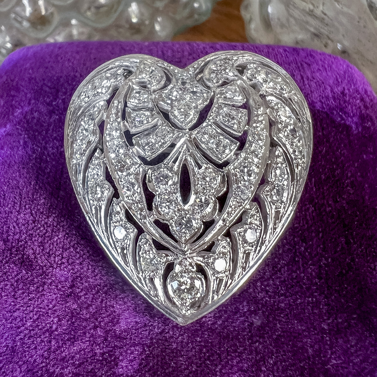 Vintage Filigree Diamond Heart Pin/Pendant, from Doyle & Doyle antique and vintage jewelry boutique 