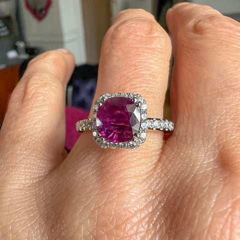 Ruby & Diamond Ring, Cushion 2.15ct. sold by Doyle and Doyle an antique and vintage jewelry boutique