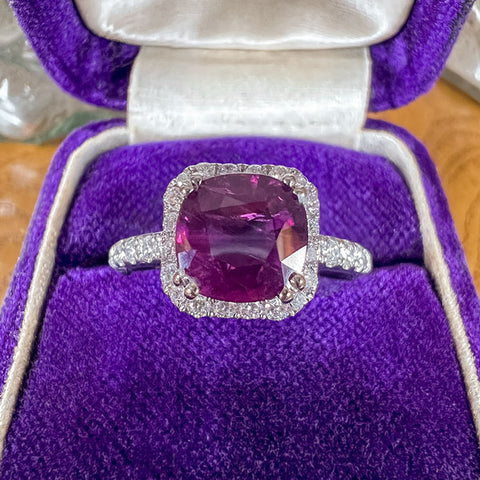 Ruby & Diamond Ring, Cushion 2.15ct. sold by Doyle and Doyle an antique and vintage jewelry boutique