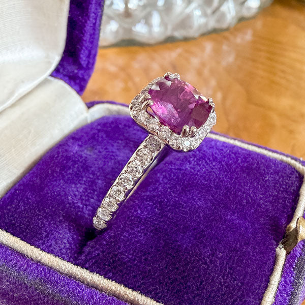 Ruby & Diamond Ring, Cushion 2.15ct. sold by Doyle and Doyle an antique and vintage jewelry boutique