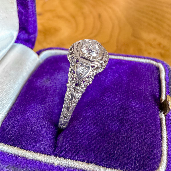 Vintage Filigree Diamond Ring, Old Euro 0.20ct. sold by Doyle and Doyle an antique and vintage jewelry boutique
