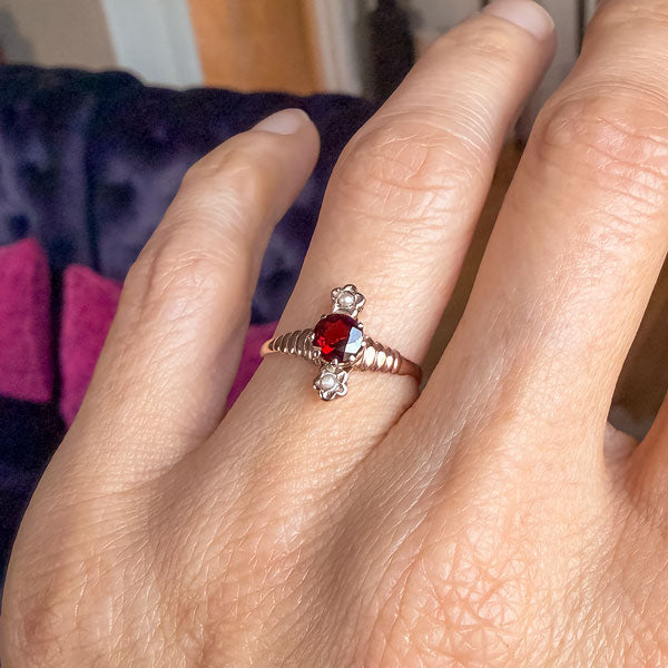 Victorian Garnet & Pearl Ring sold by Doyle and Doyle an antique and vintage jewelry boutique