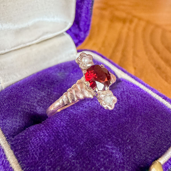 Victorian Garnet & Pearl Ring sold by Doyle and Doyle an antique and vintage jewelry boutique
