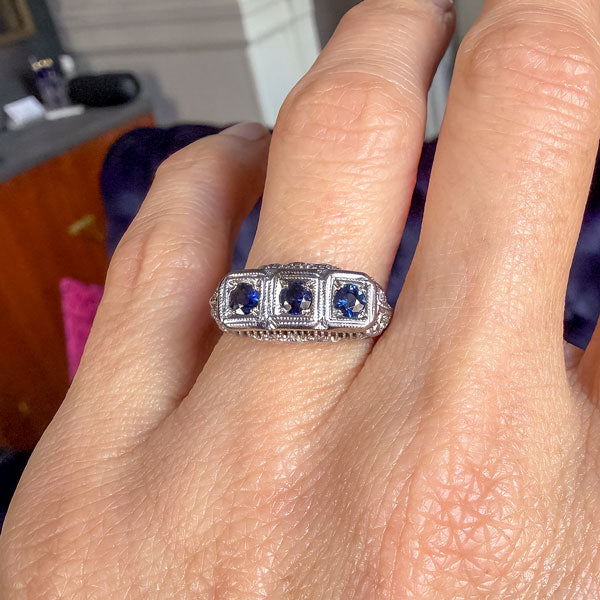 Vintage Sapphire Filigree Ring sold by Doyle and Doyle an antique and vintage jewelry boutique