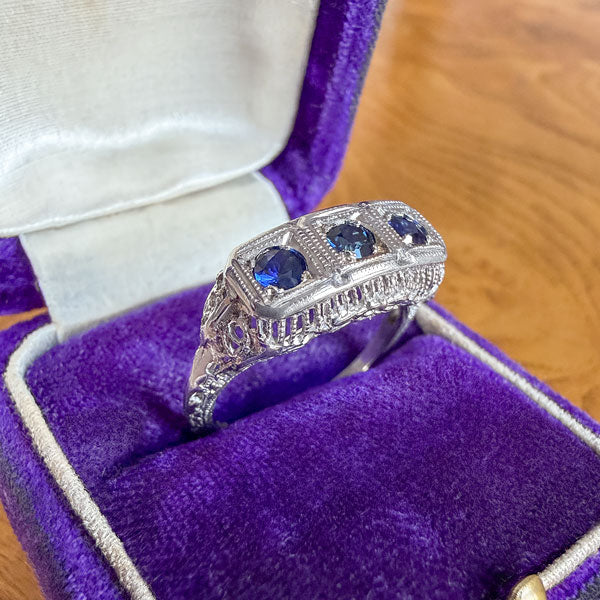 Vintage Sapphire Filigree Ring sold by Doyle and Doyle an antique and vintage jewelry boutique