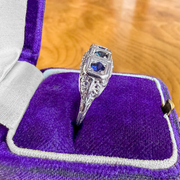 Vintage Sapphire Filigree Ring sold by Doyle and Doyle an antique and vintage jewelry boutique