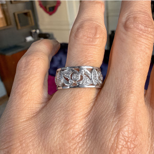 Vintage Wide Patterned Diamond Band sold by Doyle and Doyle an antique and vintage jewelry boutique