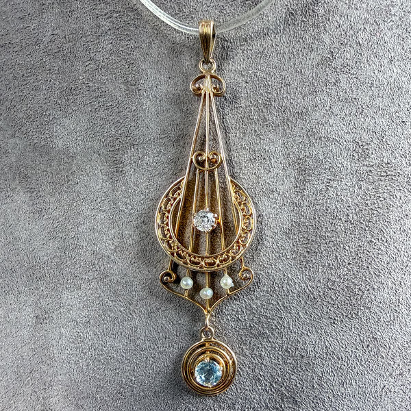 Antique Diamond, Pearl, and Aquamarine Lavalier Necklace, from Doyle & Doyle antique and vintage jewelry boutique 