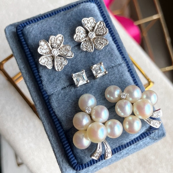 Group of vintage diamond and pearl earrings, from Doyle & Doyle vintage and antique jewelry boutique