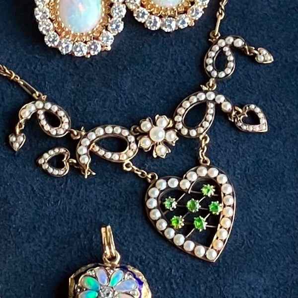 Edwardian Demantoid Garnet and Pearl Heart & Snake Necklace, from Doyle & Doyle antique and vintage jewelry boutique