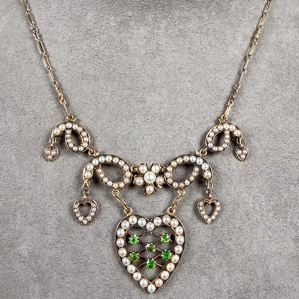 Edwardian Demantoid Garnet and Pearl Heart & Snake Necklace, from Doyle & Doyle antique and vintage jewelry boutique