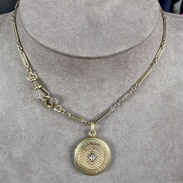 Antique Diamond Locket and Gold Watch Chain, sold by Doyle & Doyle antique and vintage jewelry boutique