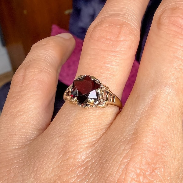Vintage Gold Filigree Garnet Ring, sold by Doyle & Doyle antique and vintage jewelry boutique