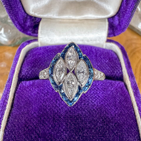 Art Deco Marquise Diamond Sapphire Ring  sold by Doyle and Doyle an antique and vintage jewelry boutique