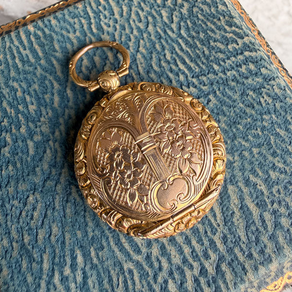 Antique Gold Engraved Vinaigrette Locket Pendant, sold by Doyle & Doyle antique and vintage jewelry boutique