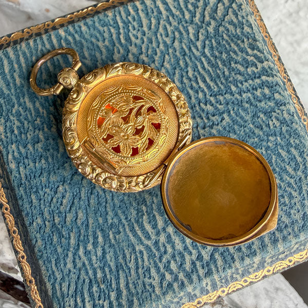 Antique Gold Engraved Vinaigrette Locket Pendant, sold by Doyle & Doyle antique and vintage jewelry boutique