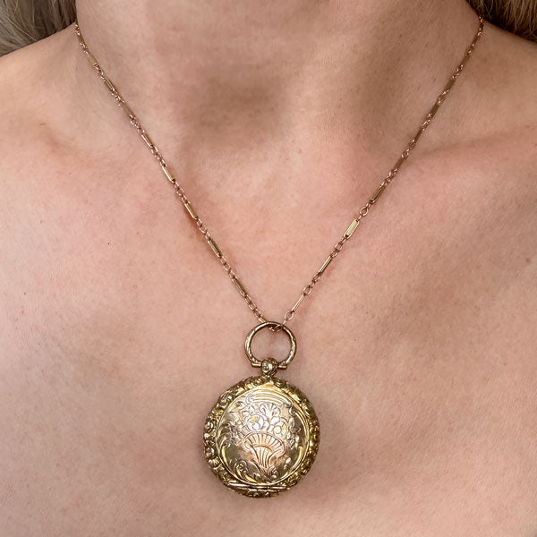 Antique Gold Engraved Vinaigrette Locket Pendant, sold by Doyle & Doyle antique and vintage jewelry boutique