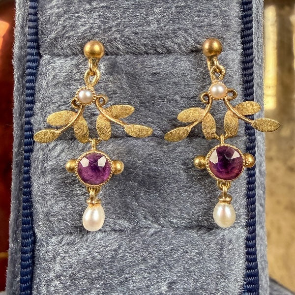 Antique Amethyst & Natural Pearl Drop Earrings, from Doyle & Doyle antique and vintage jewelry boutique
