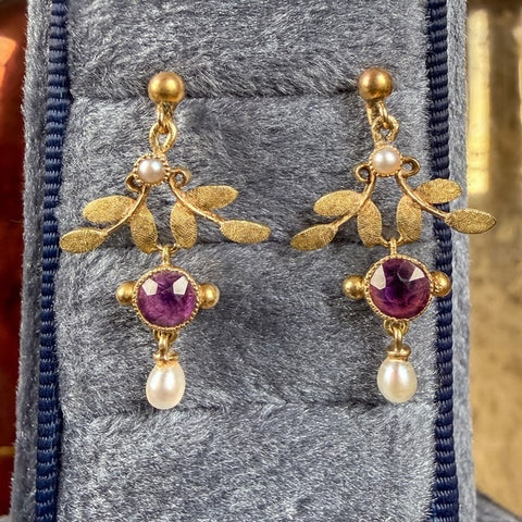 Antique Amethyst & Natural Pearl Drop Earrings, from Doyle & Doyle antique and vintage jewelry boutique