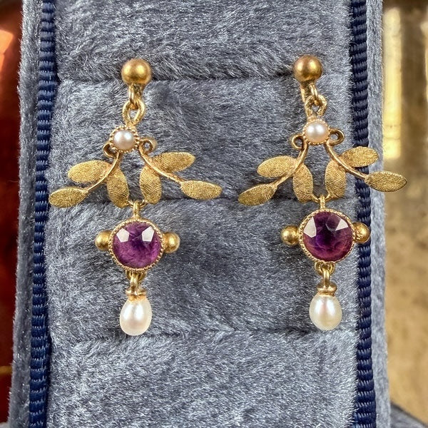 Antique Amethyst & Natural Pearl Drop Earrings, from Doyle & Doyle antique and vintage jewelry boutique