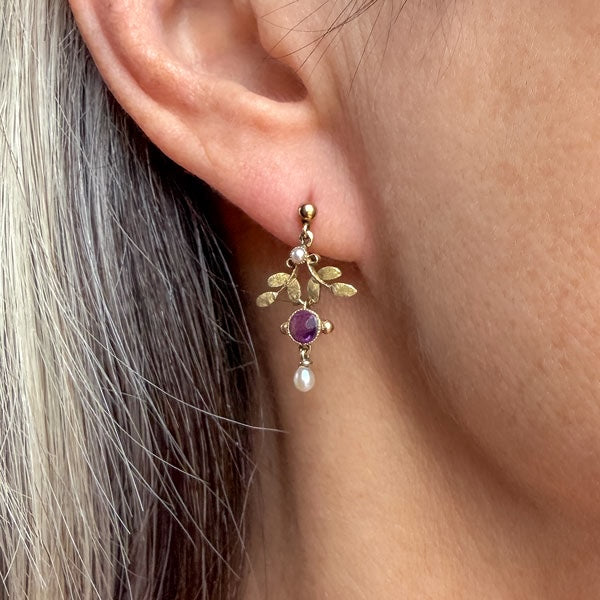 Antique Amethyst & Natural Pearl Drop Earrings, from Doyle & Doyle antique and vintage jewelry boutique