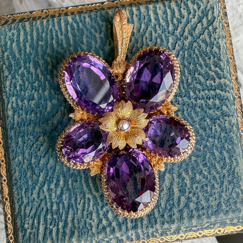 Antique Victorian Amethyst & Pearl Violet Flower Pendant sold by Doyle and Doyle an antique and vintage jewelry boutique