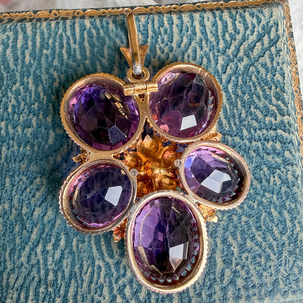 Antique Victorian Amethyst & Pearl Violet Flower Pendant sold by Doyle and Doyle an antique and vintage jewelry boutique
