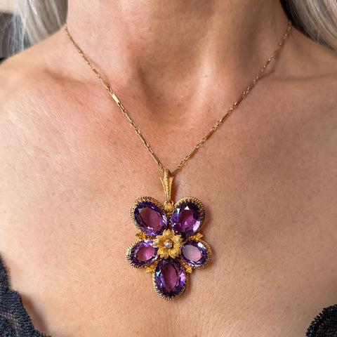 Antique Victorian Amethyst & Pearl Violet Flower Pendant sold by Doyle and Doyle an antique and vintage jewelry boutique