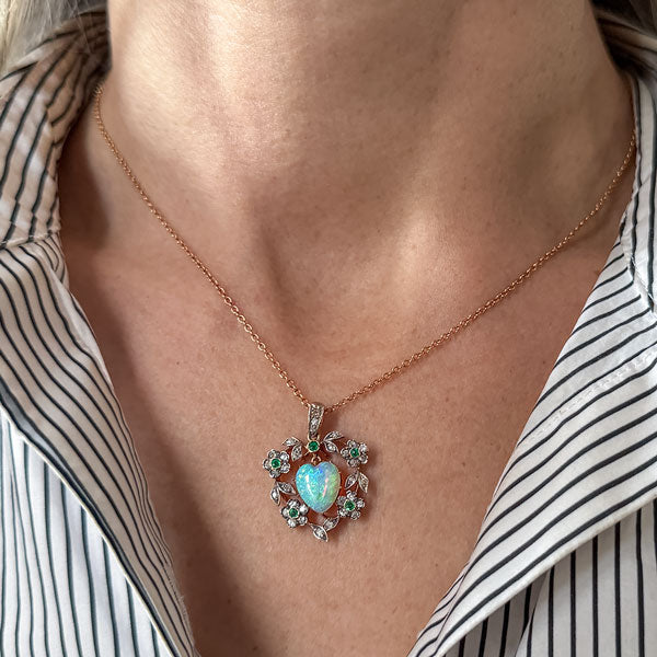 Antique Opal Heart & Emerald & Diamond Pendant sold by Doyle and Doyle an antique and vintage jewelry boutique