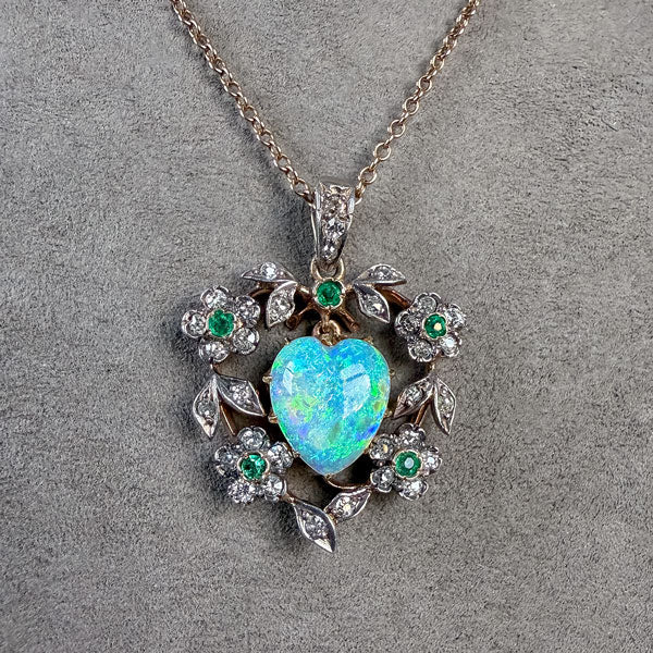 Antique Opal Heart & Emerald & Diamond Pendant sold by Doyle and Doyle an antique and vintage jewelry boutique