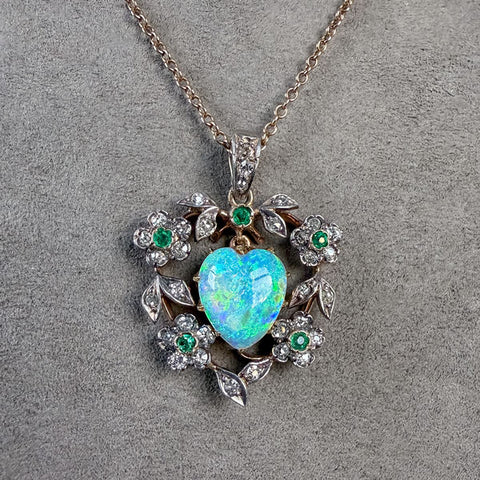 Antique Opal Heart & Emerald & Diamond Pendant sold by Doyle and Doyle an antique and vintage jewelry boutique