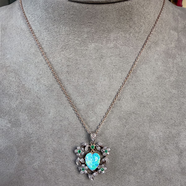 Antique Opal Heart & Emerald & Diamond Pendant sold by Doyle and Doyle an antique and vintage jewelry boutique