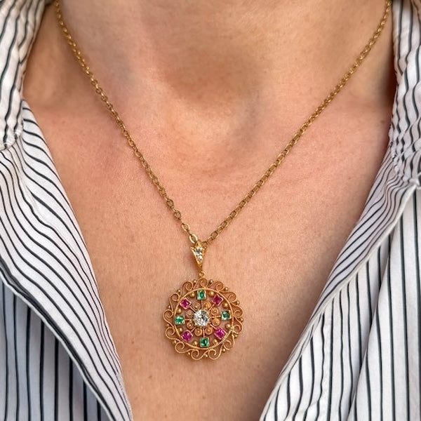 Antique Victorian Diamond, Ruby & Emerald Pendant, from Doyle & Doyle antique and vintage jewelry boutique