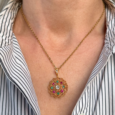 Antique Victorian Diamond, Ruby & Emerald Pendant sold by Doyle and Doyle an antique and vintage jewelry boutique