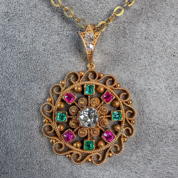 Antique Victorian Diamond, Ruby & Emerald Pendant sold by Doyle and Doyle an antique and vintage jewelry boutique
