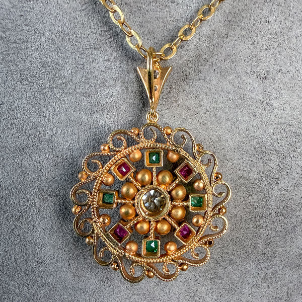 Antique Victorian Diamond, Ruby & Emerald Pendant sold by Doyle and Doyle an antique and vintage jewelry boutique