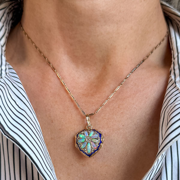 Victorian Diamond, Opal, & Enamel Heart Locket, from Doyle & Doyle antique and vintage jewelry boutique