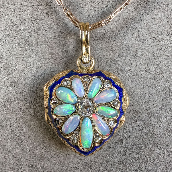 Victorian Diamond, Opal, & Enamel Heart Locket, from Doyle & Doyle antique and vintage jewelry boutique