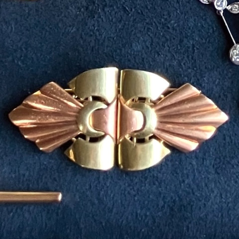 1940s Retro Moderne Double Clip Brooch in Two-toned gold, from Doyle & Doyle an antique and vintage jewelry boutique