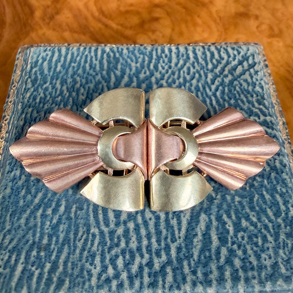 1940s Retro Moderne Double Clip Brooch in Two-toned gold, from Doyle & Doyle an antique and vintage jewelry boutique