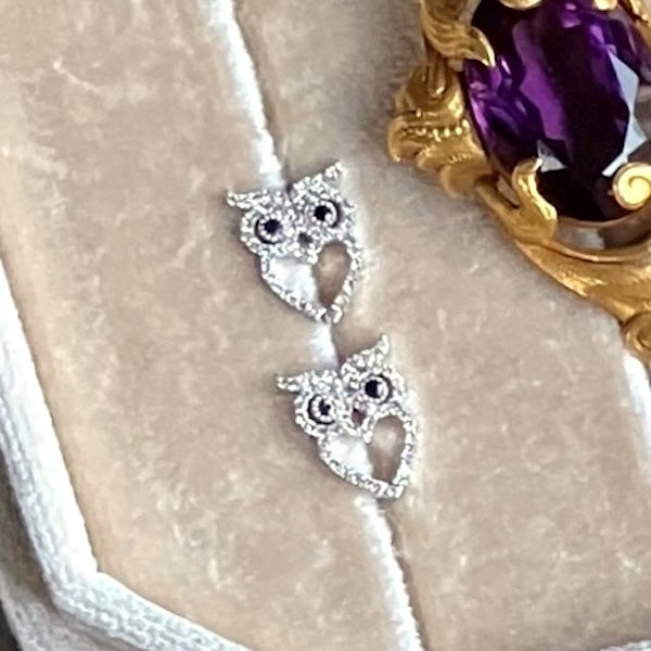 Diamond Owl & Heart Stud Earrings, from Doyle & Doyle antique and vintage jewelry boutique