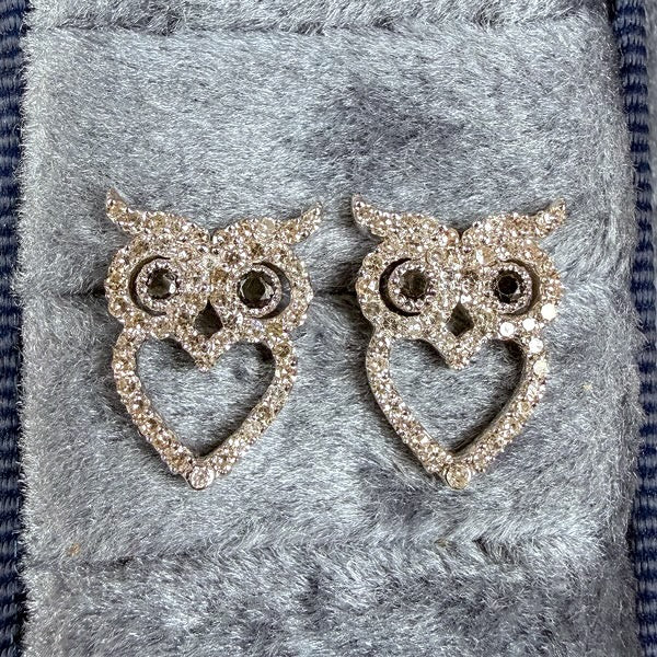 Diamond Owl & Heart Stud Earrings, from Doyle & Doyle antique and vintage jewelry boutique