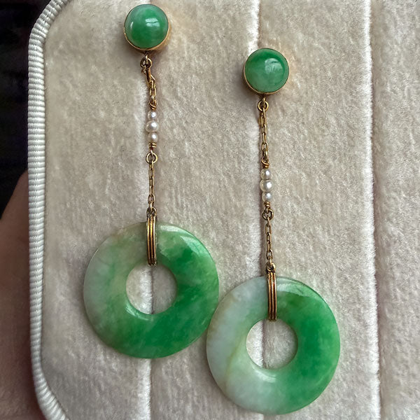 Vintage Jade Pi Drop Earrings sold by Doyle and Doyle an antique and vintage jewelry boutique