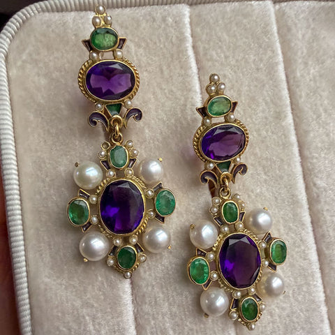 Vintage Renaissance Revival Colored Stone Drop Earrings sold by Doyle and Doyle an antique and vintage jewelry boutique
