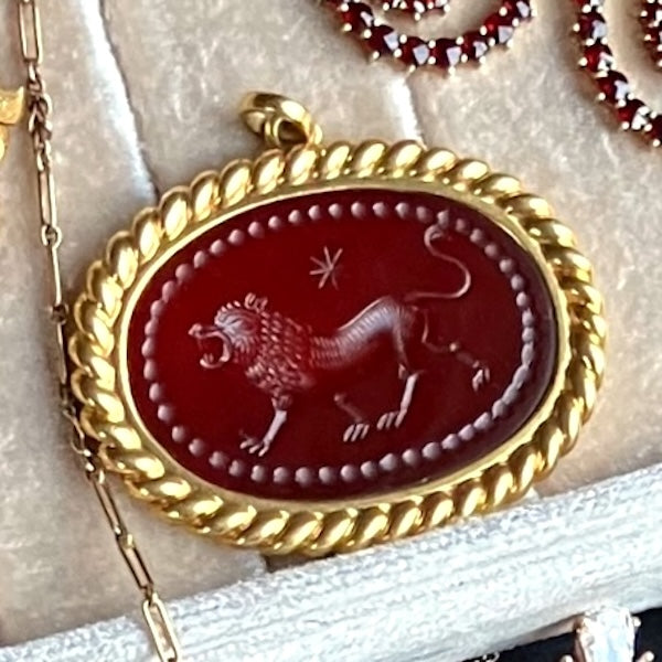 Antique Lion Carnelian Intaglio Pendant, from Doyle & Doyle antique and vintage jewelry boutique