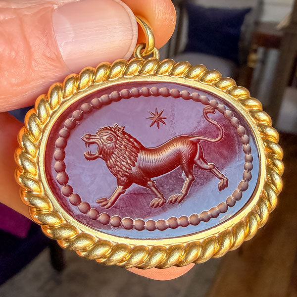 Antique Lion Carnelian Intaglio Pendant, from Doyle & Doyle antique and vintage jewelry boutique