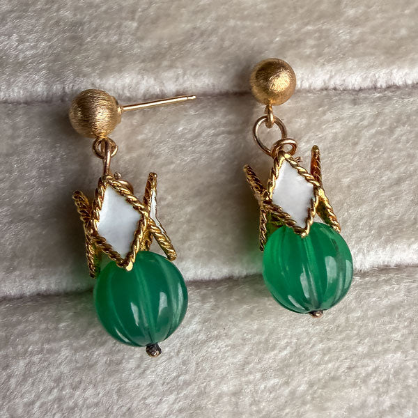 Vintage Green Onyx & White Enamel Drop Earrings sold by Doyle and Doyle an antique and vintage jewelry boutique