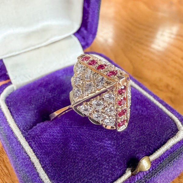 Vintage Diamond & Ruby Pyramid Ring in gold, sold by Doyle & Doyle antique and vintage jewelry boutique