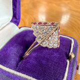 Vintage Diamond & Ruby Pyramid Ring in gold, sold by Doyle & Doyle antique and vintage jewelry boutique
