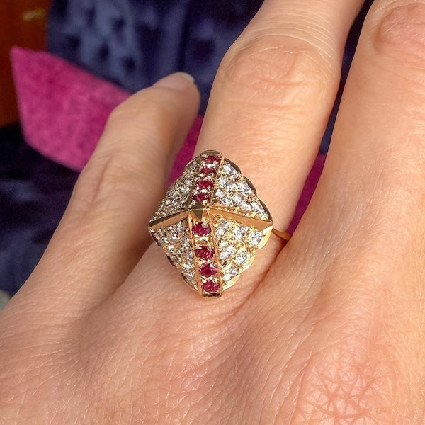 Vintage Diamond & Ruby Pyramid Ring in gold, sold by Doyle & Doyle antique and vintage jewelry boutique